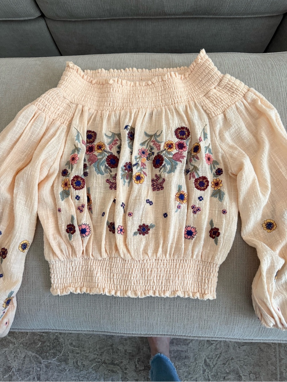 Main Strip Peach Embroidered Off-Shoulder Peasant Top